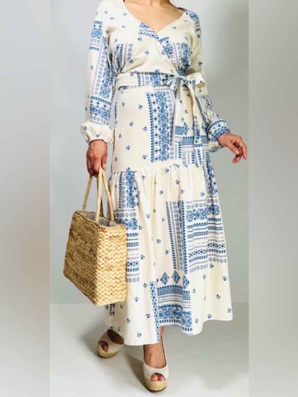 Anthropologie Maison D’Amélie linen wrap top & tiered skirt set blue  NWOT Small
